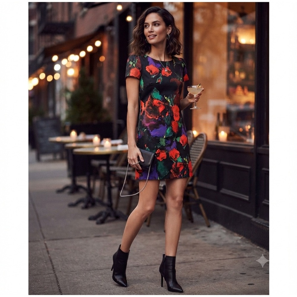 Milly Floral Mini Dress Short Sleeve Exposed Zipper Back Black Red Purple Size 6